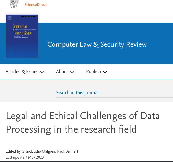 New Special Issue of the Computer Law and Security Review on Legal and Ethical Challenges of Data Processing in the research field